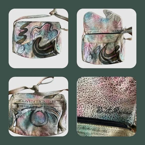 OOAK VTG 80s Brit Rosen Signed Hand Painted Abstract Leather Shoulder Bag Purse - Picture 12 of 13